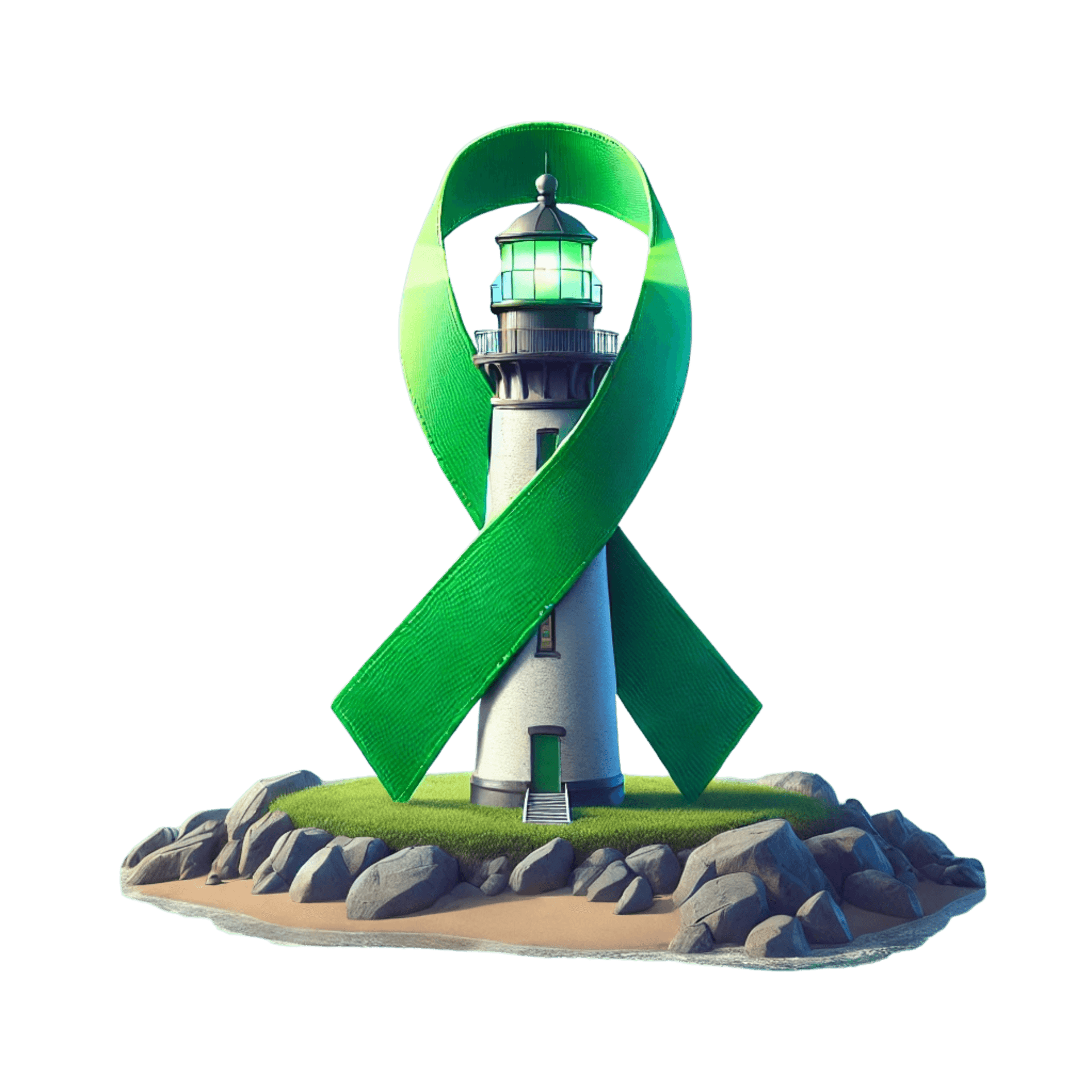 Lighthouse encircled by a green awareness ribbon on a rocky island.