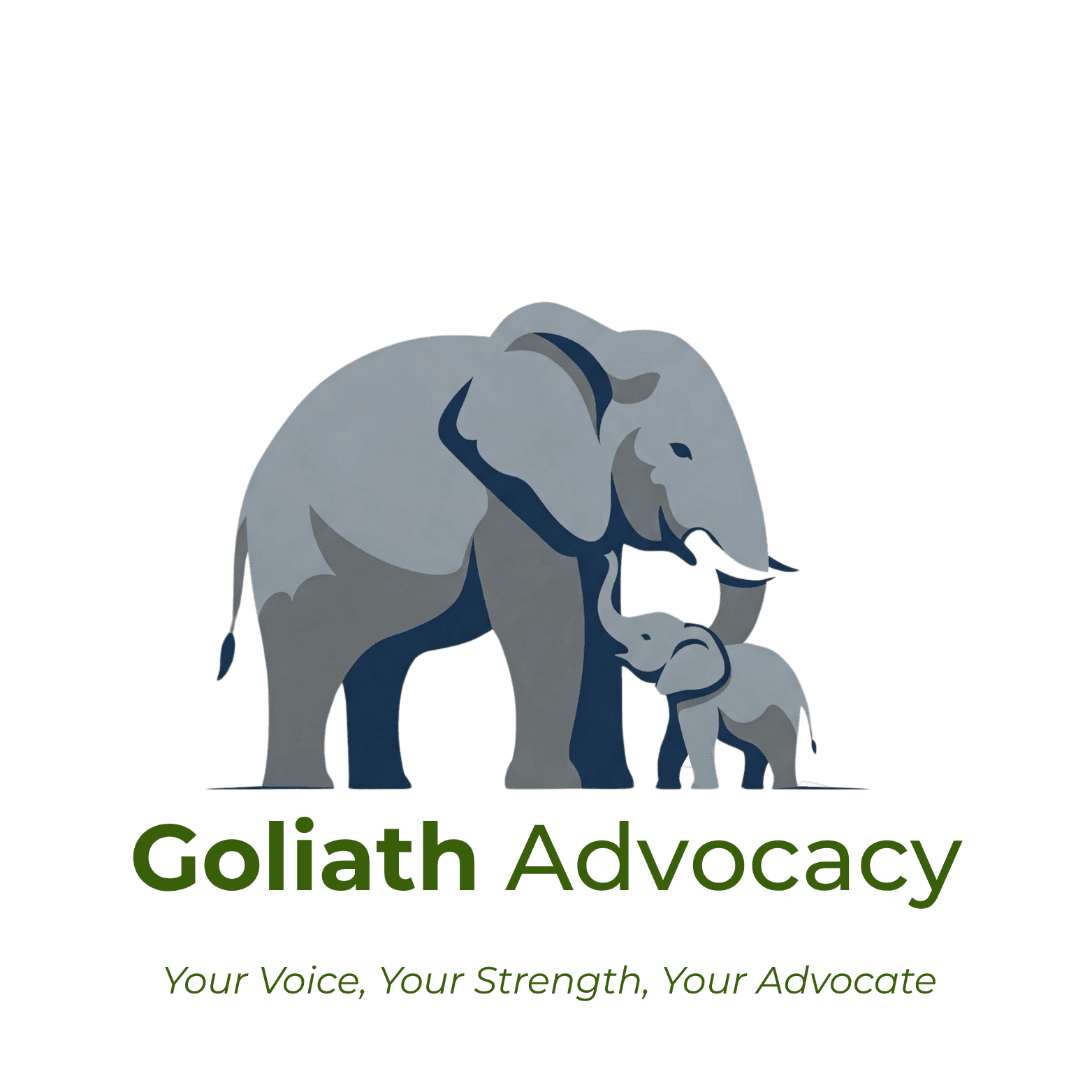 Illustration of two elephants with 'Goliath Advocacy' text and slogan below.
